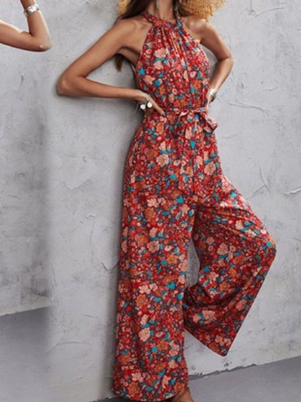 B123 Floral Halter Jumpsuit RED NEW